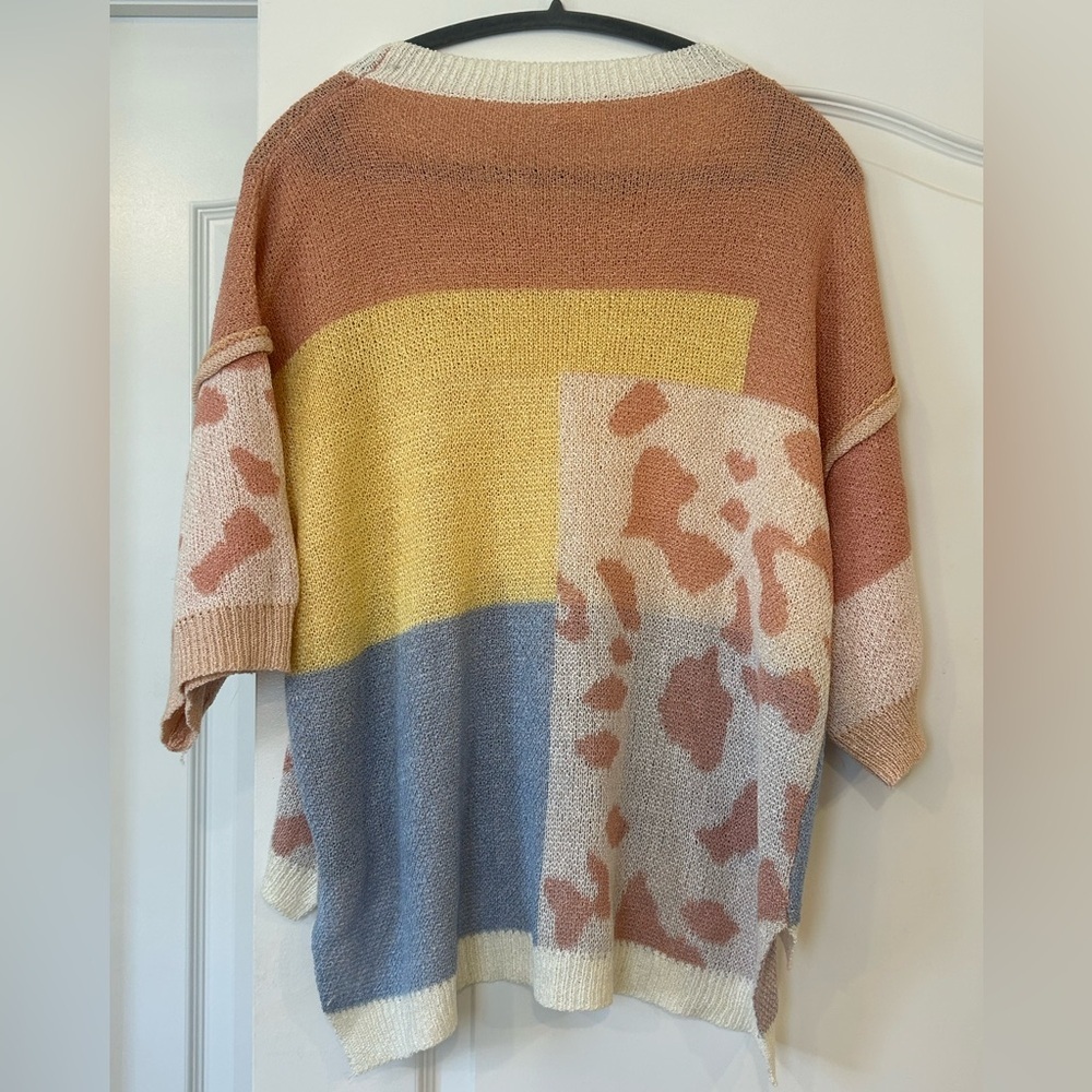 EUC POL Colorblock Abstract Leopard Print Short Sleeve Knit Top Medium Oversized - Picture 2 of 7